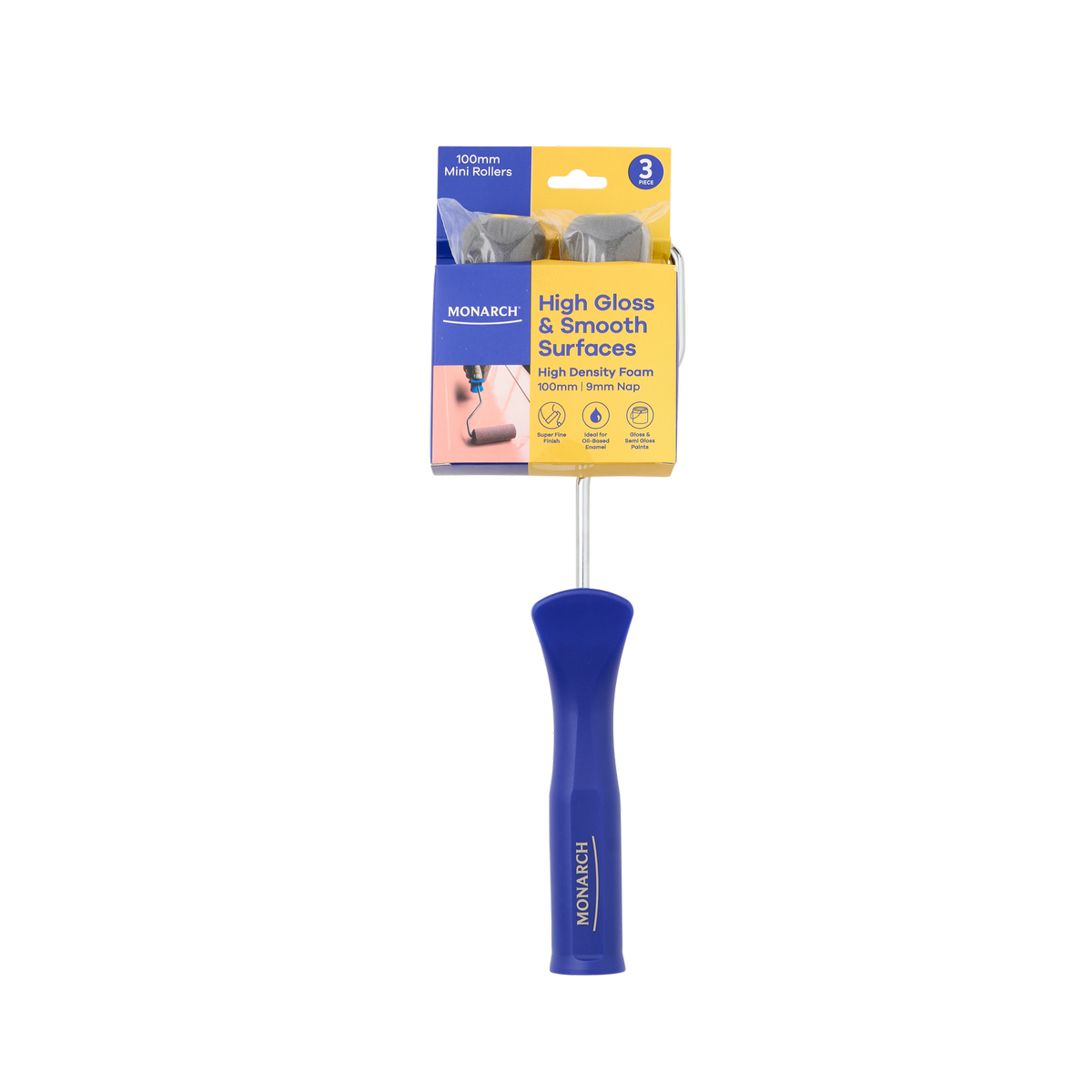 Monarch 100mm 9mm Nap High Density Foam Gloss & Smooth Mini Rollers 3 Piece Kit