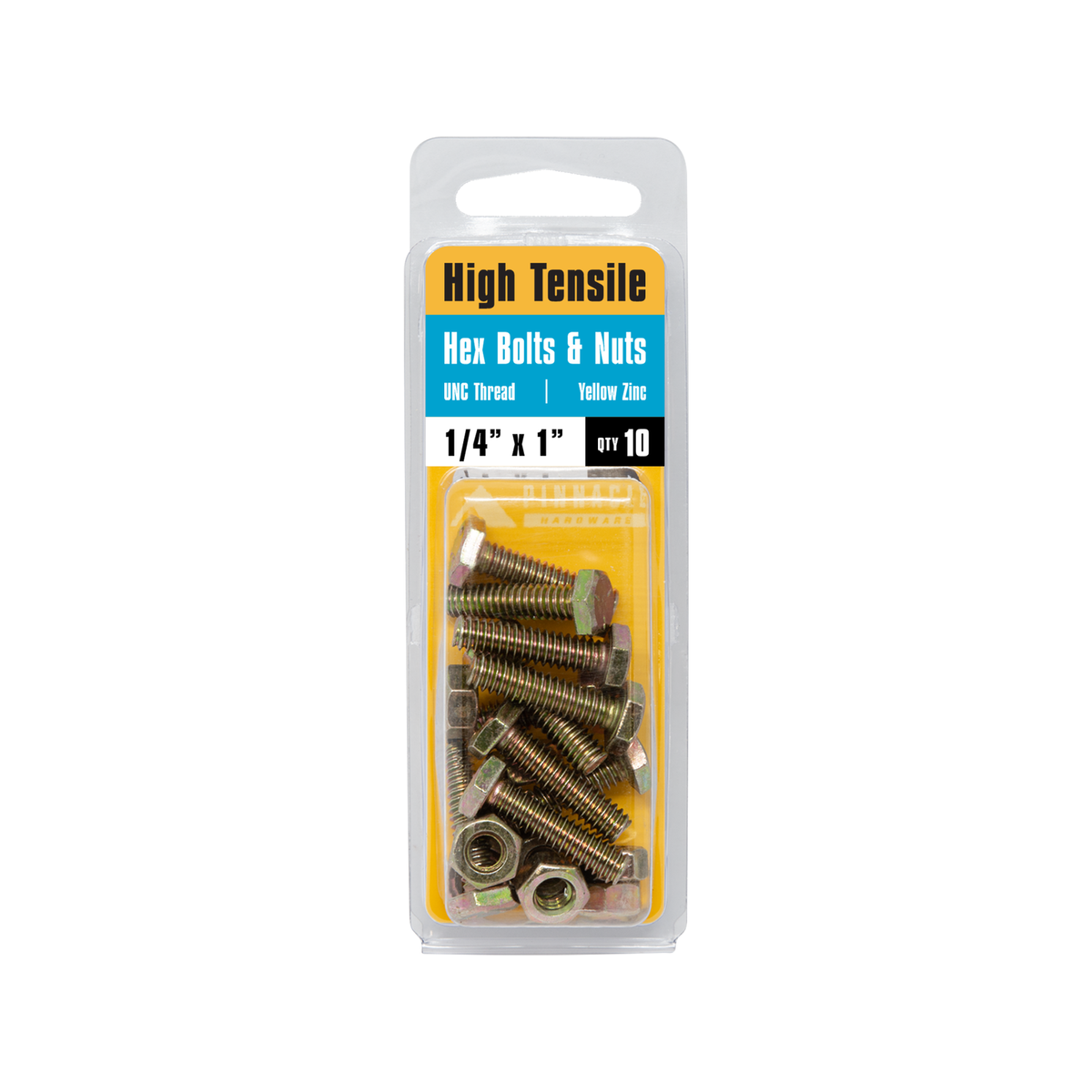 Pinnacle Hi Tensile Hex Bolt & Nut - 1/4 x 1" - Yellow Zinc - 10 Pack - SuperSaverAU - view 2