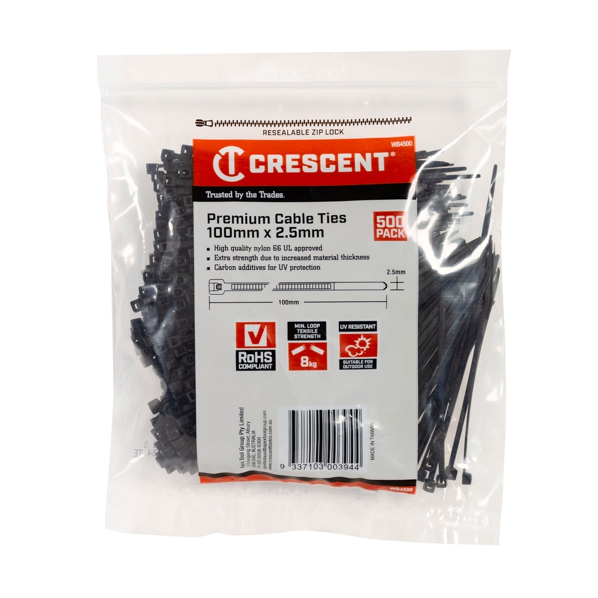 Crescent 100 x 2.5mm Black Cable Ties 500 Pack Nylon UV Resistant