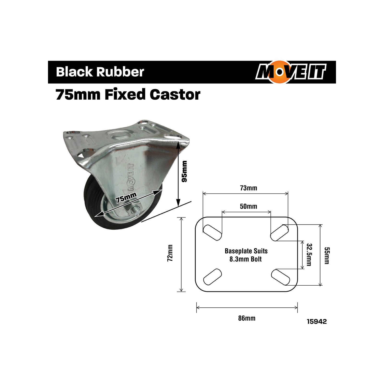 Move It 75mm Black Rubber Fixed Plate Castor, Indoor, 50kg