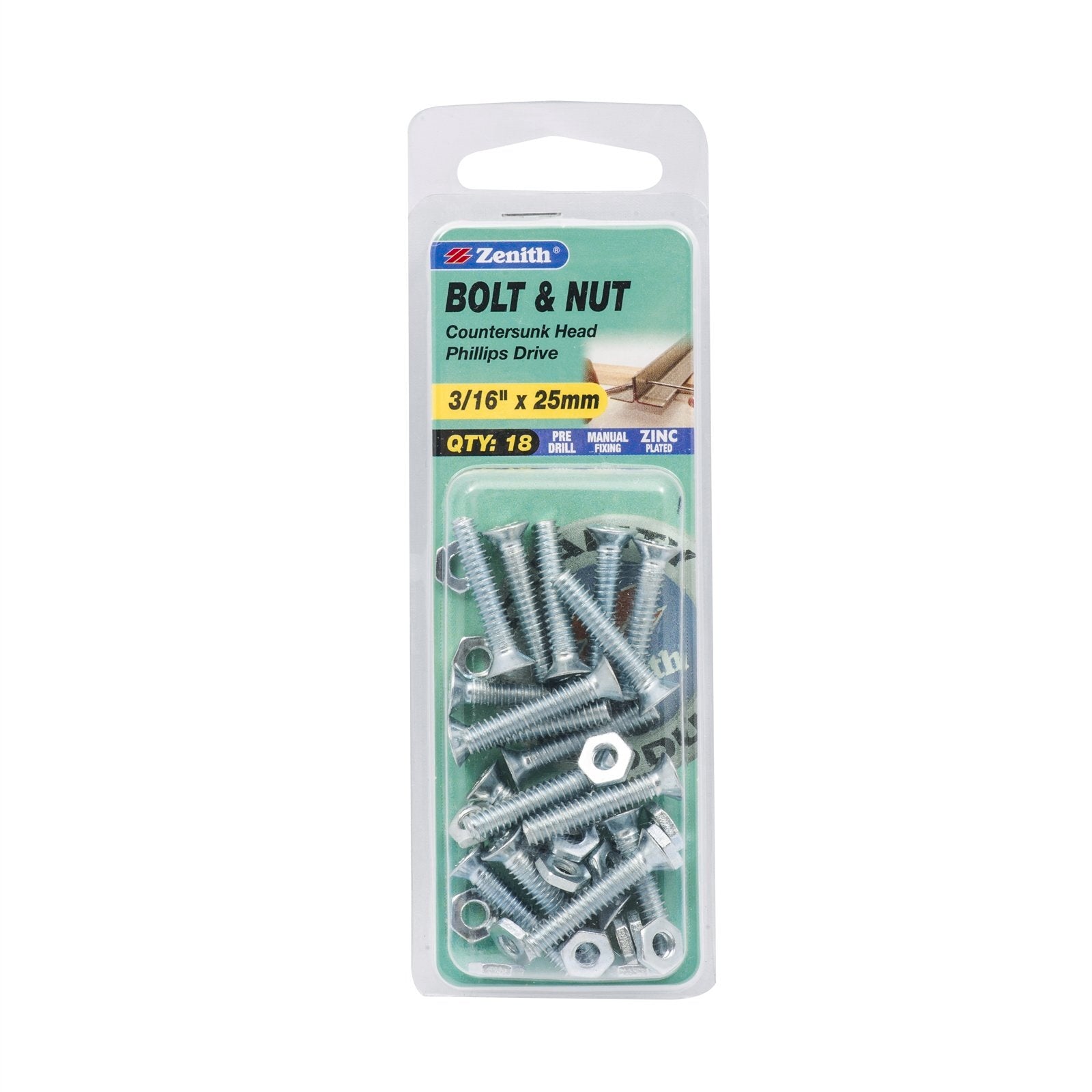 Zenith 3/16" x 25mm Zinc Plated Countersunk Bolt and Nut - Steel, 18 Pack