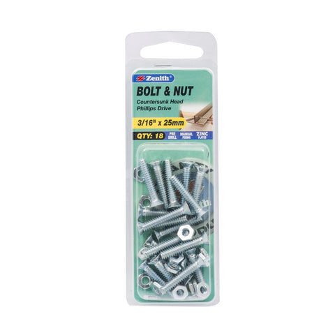 Zenith 3/16" x 25mm Zinc Plated Countersunk Bolt and Nut - Steel, 18 Pack