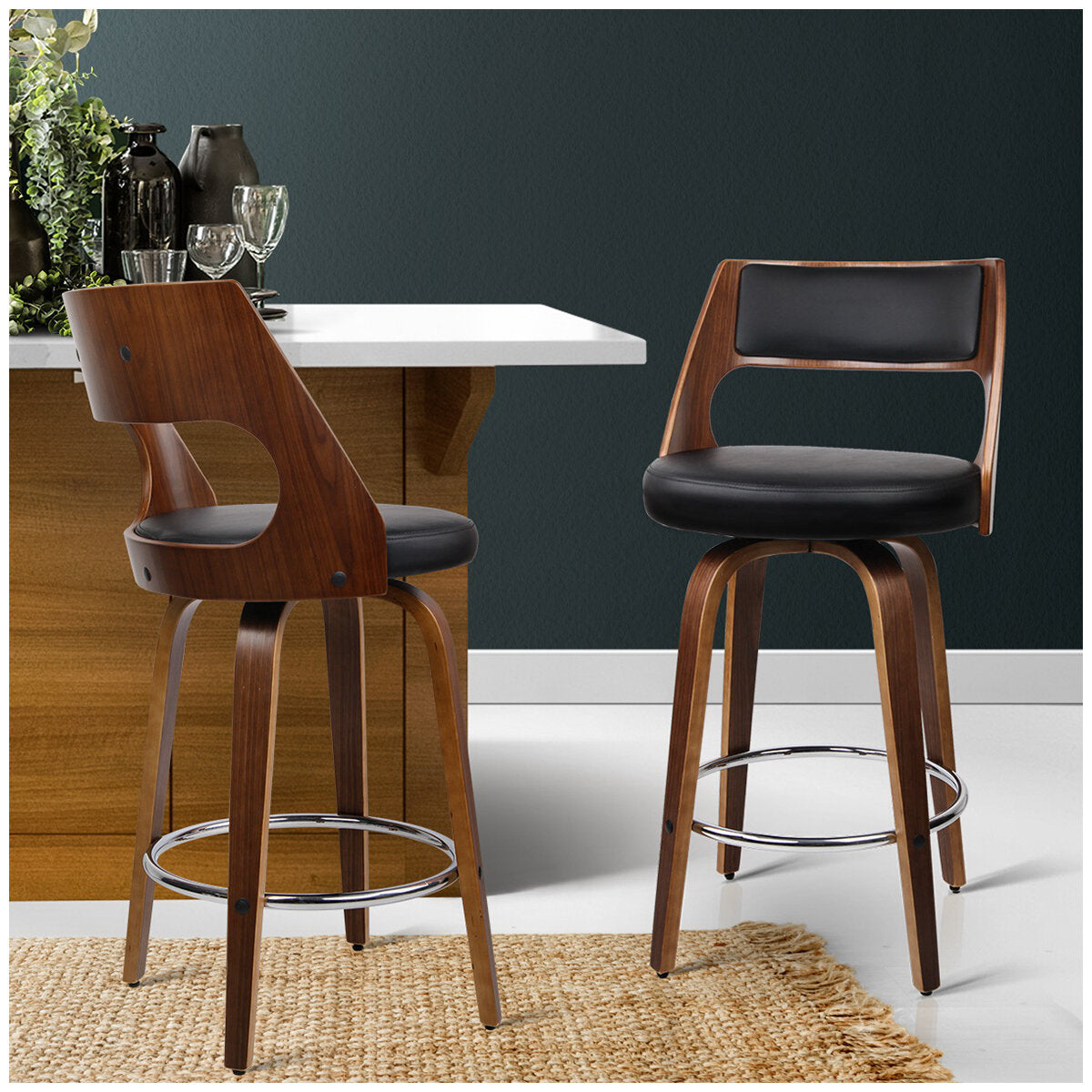 Artiss Swivel Leather Back Wooden Bar Stool Black 2 Pack - SuperSaverAU - view 3