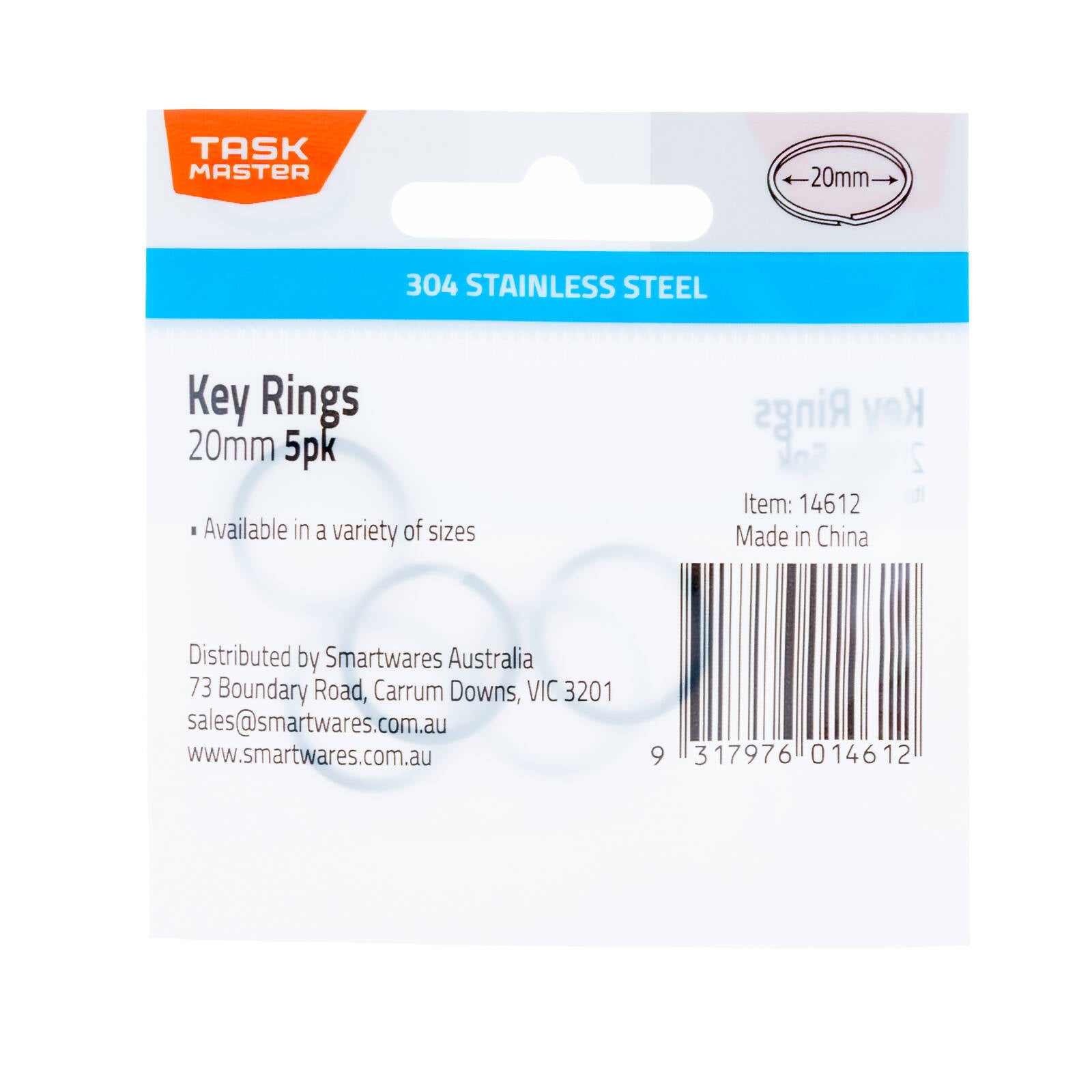 Taskmaster 20mm 304 Stainless Steel Key Ring - 5 Pack