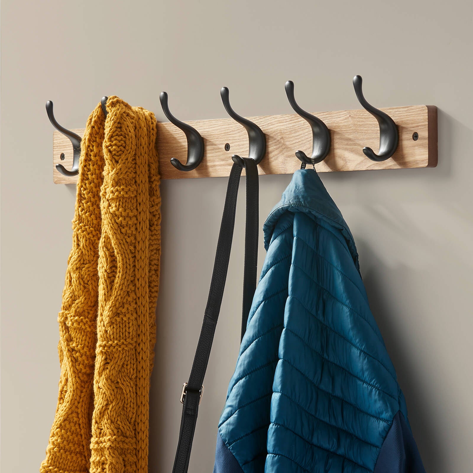 Adoored 6 Double Hook Pine Board Decorative Hook Rack, Timber/Black