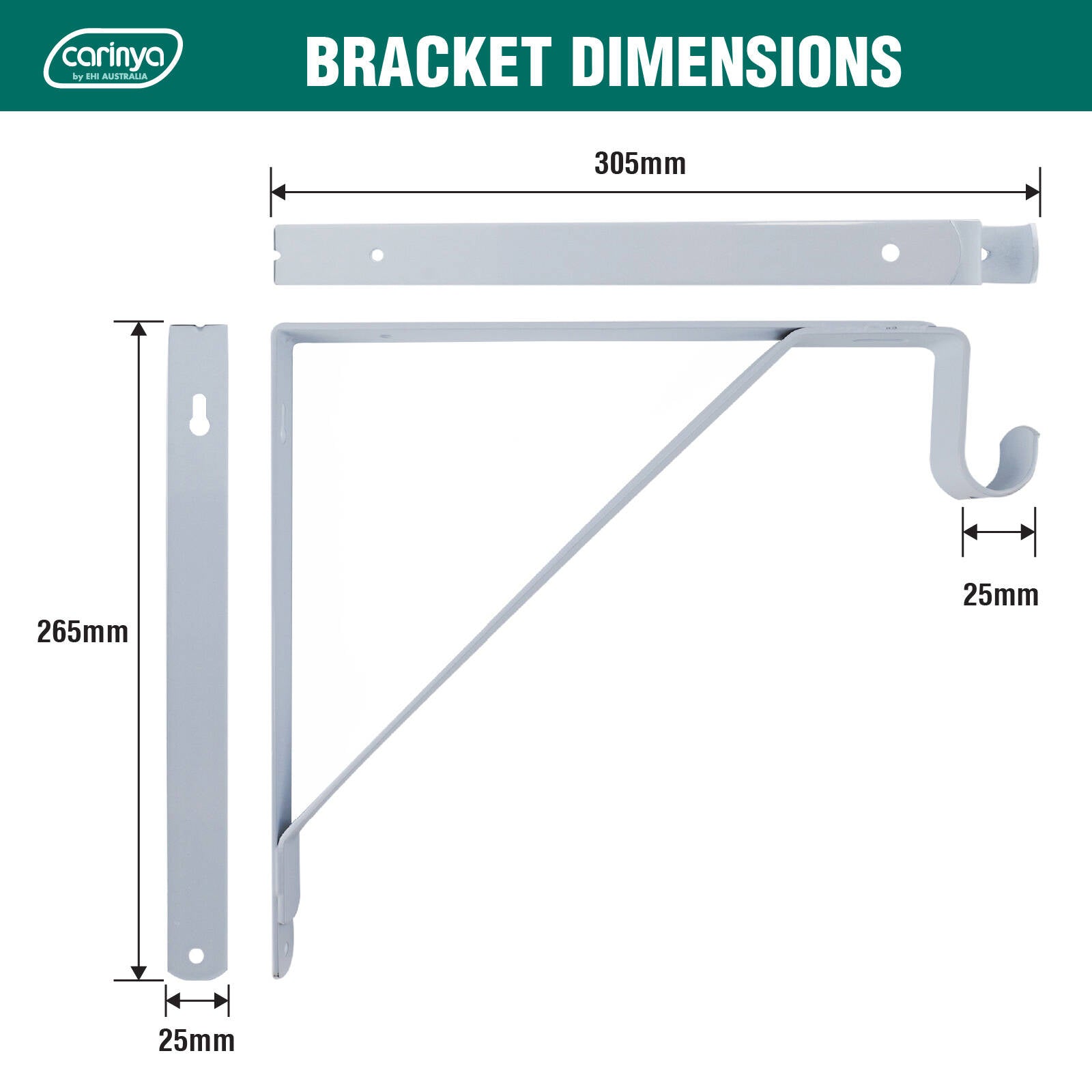 Carinya 305 x 265 x 25mm White Powder Coated Steel Closet Rod Bracket, 50kg