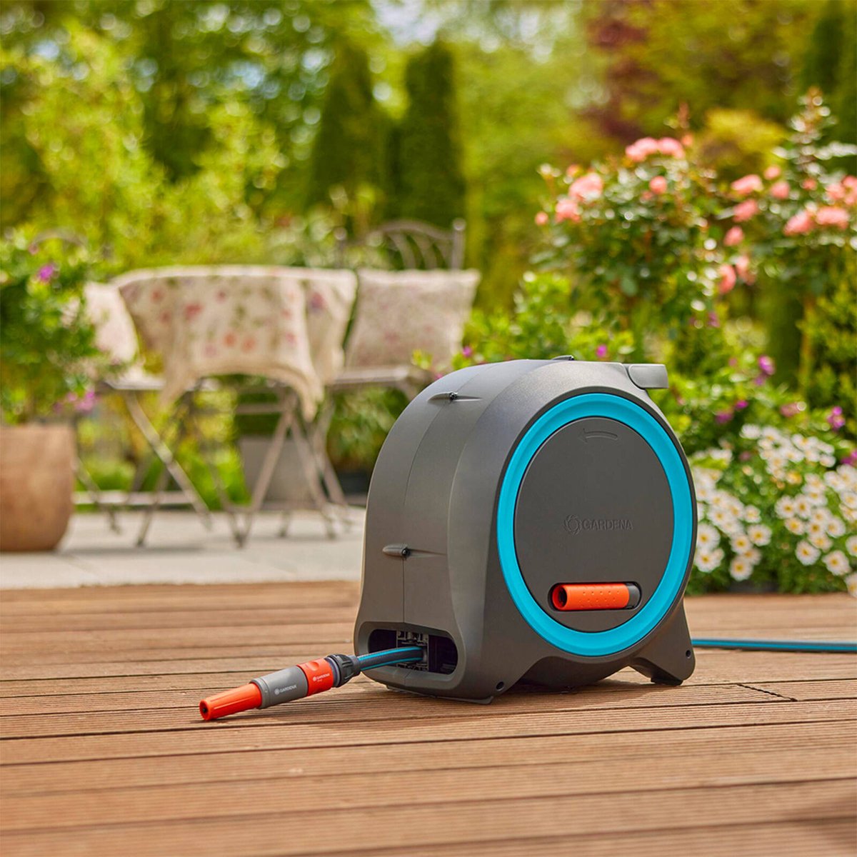 Gardena Dual 2 in 1 Roll Up Hose Reel - 25m - Black/Turquoise/Orange - Easy Storage - SuperSaverAU - view 5