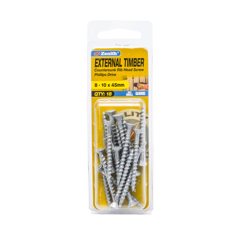 Zenith 8-10 x 45mm Galvanised Countersunk Rib Head External Timber Screws - 18 Pack