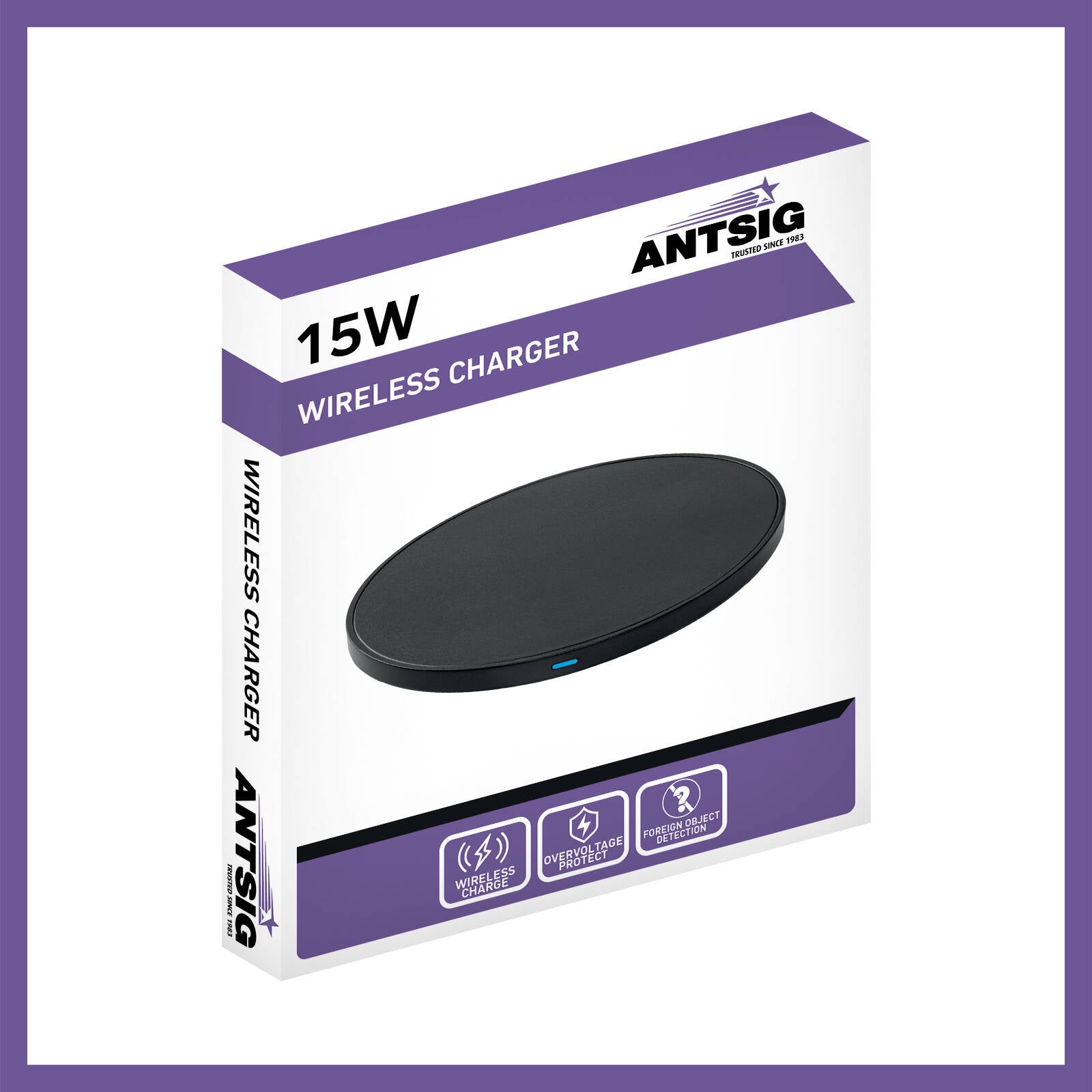Antsig 15W Wireless Charger with LED Indicator - Low-Profile ABS APQI15W