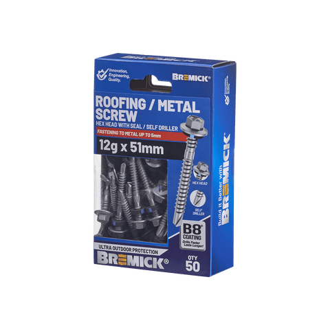 Bremick 12g x 51mm Hex Roofing Screw, Carbon Steel B8 Coating, Sealed Head Drill Point - 50 Pack