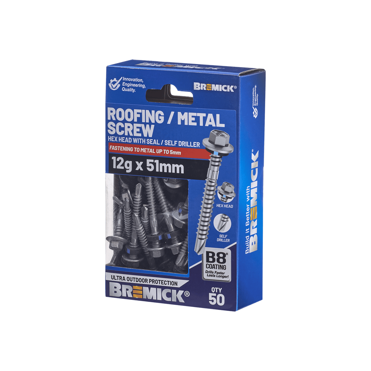 Bremick 12g x 51mm Hex Roofing Screw, Carbon Steel B8 Coating, Sealed Head Drill Point - 50 Pack