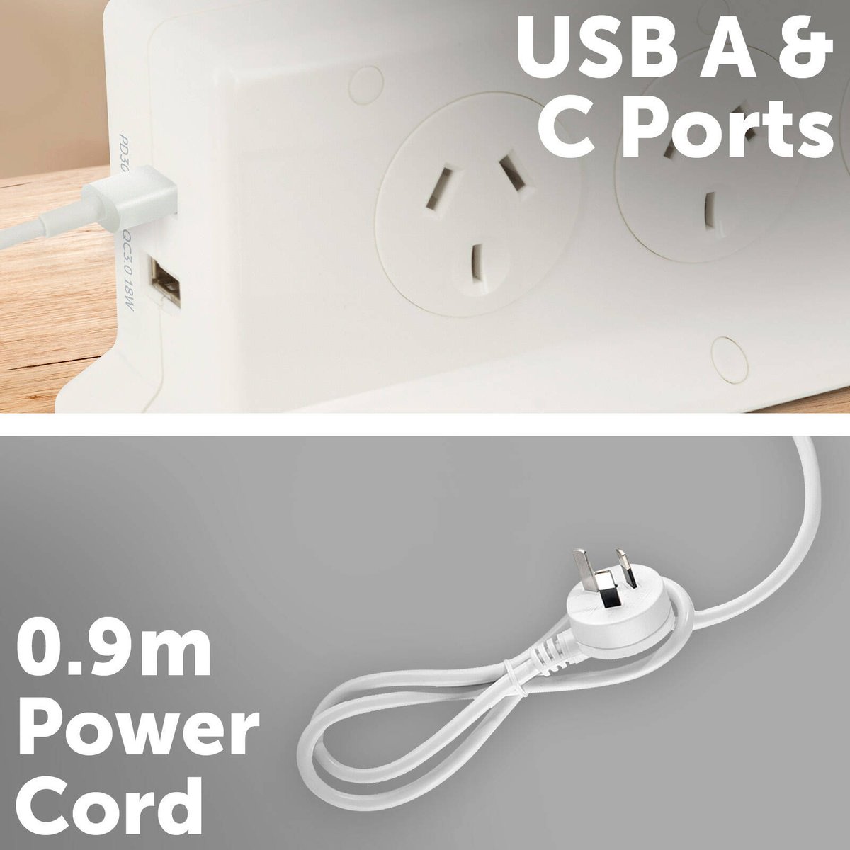 Arlec 6 Outlet Vertical Powerboard with PD30W USB-A & USB-C Rapid Charging White PB6WUPD30