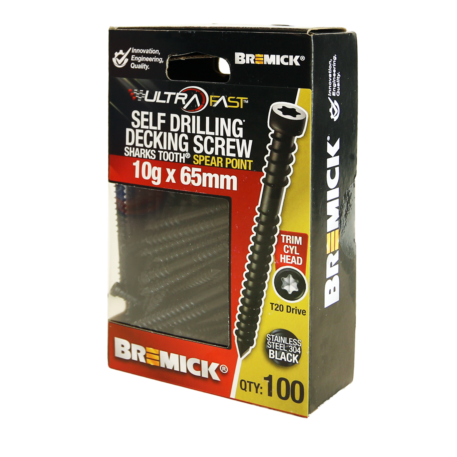 Bremick UltraFast 10g x 65mm 304 Stainless Black T20 Trim Head Screw 100 Pack