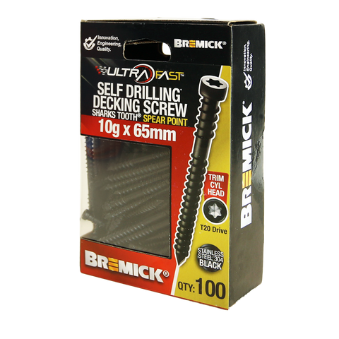 Bremick UltraFast 10g x 65mm 304 Stainless Black T20 Trim Head Screw 100 Pack
