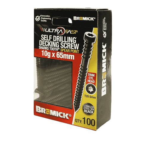 Bremick UltraFast 10g x 65mm 304 Stainless Black T20 Trim Head Screw 100 Pack