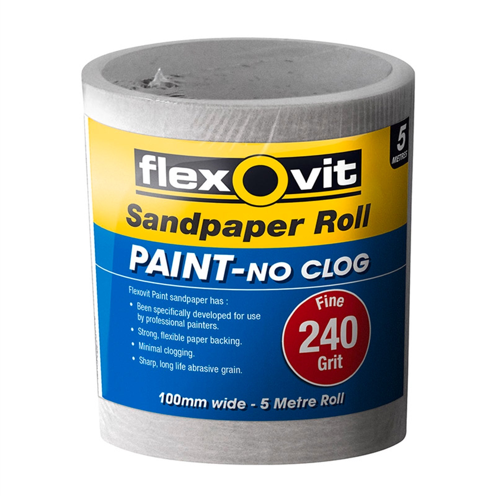 Flexovit 115mm x 5m 240 Grit Painted Surface Sandpaper Roll, Aluminium Oxide, No-Clog