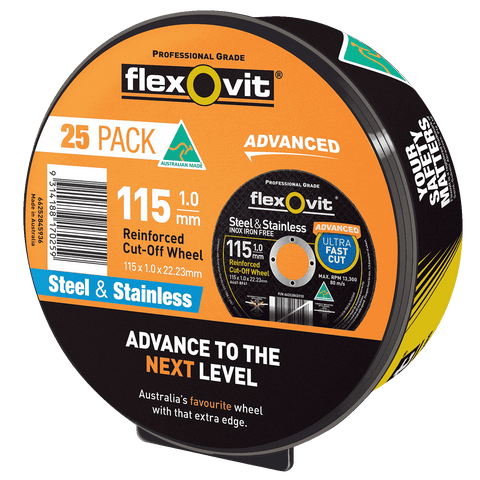 Flexovit 115 x 1.0 x 22.23mm Black Metal Cut Off Wheel - 25 Pack