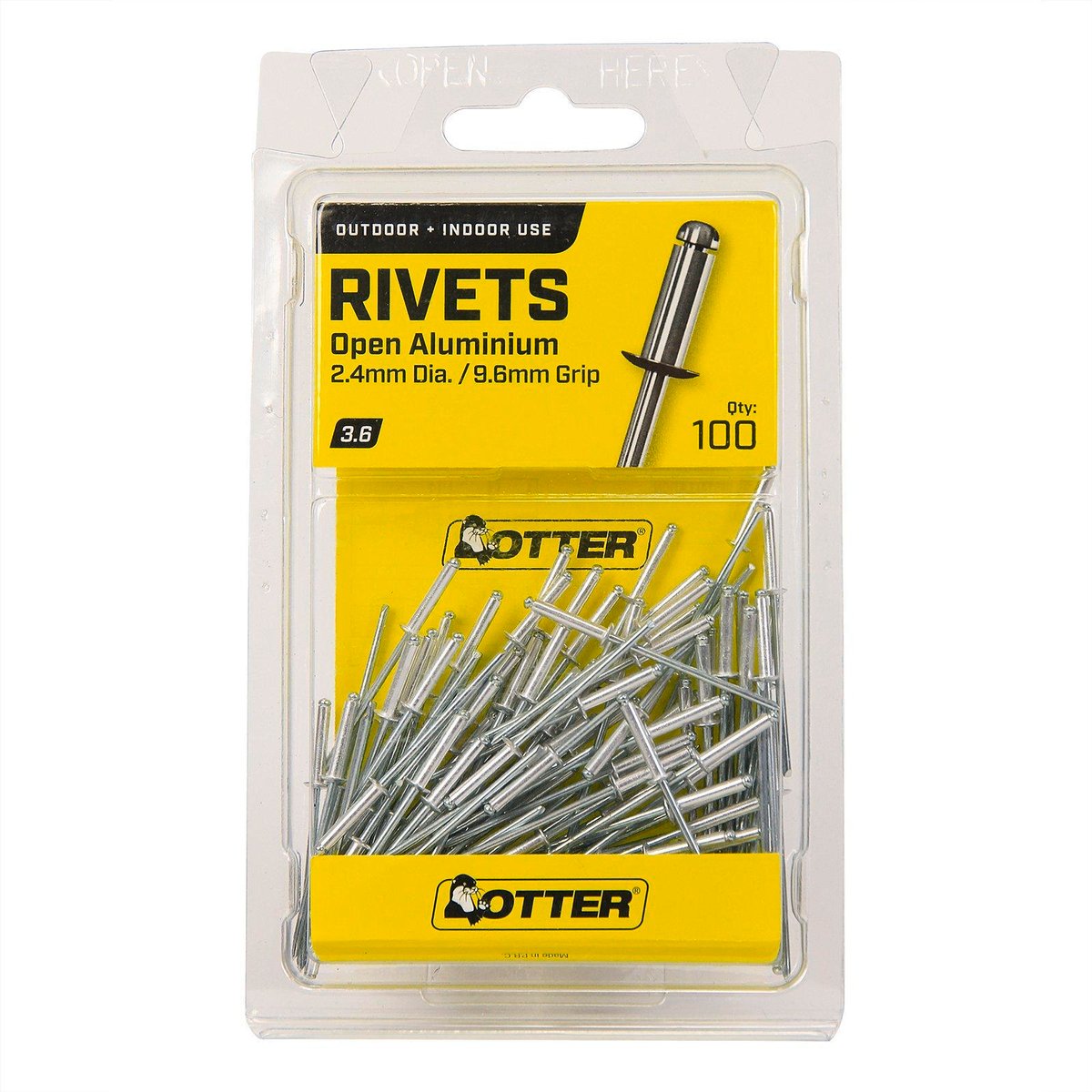 Otter 2.4 x 9.6mm Aluminium Open Blind Rivets 100 Pack