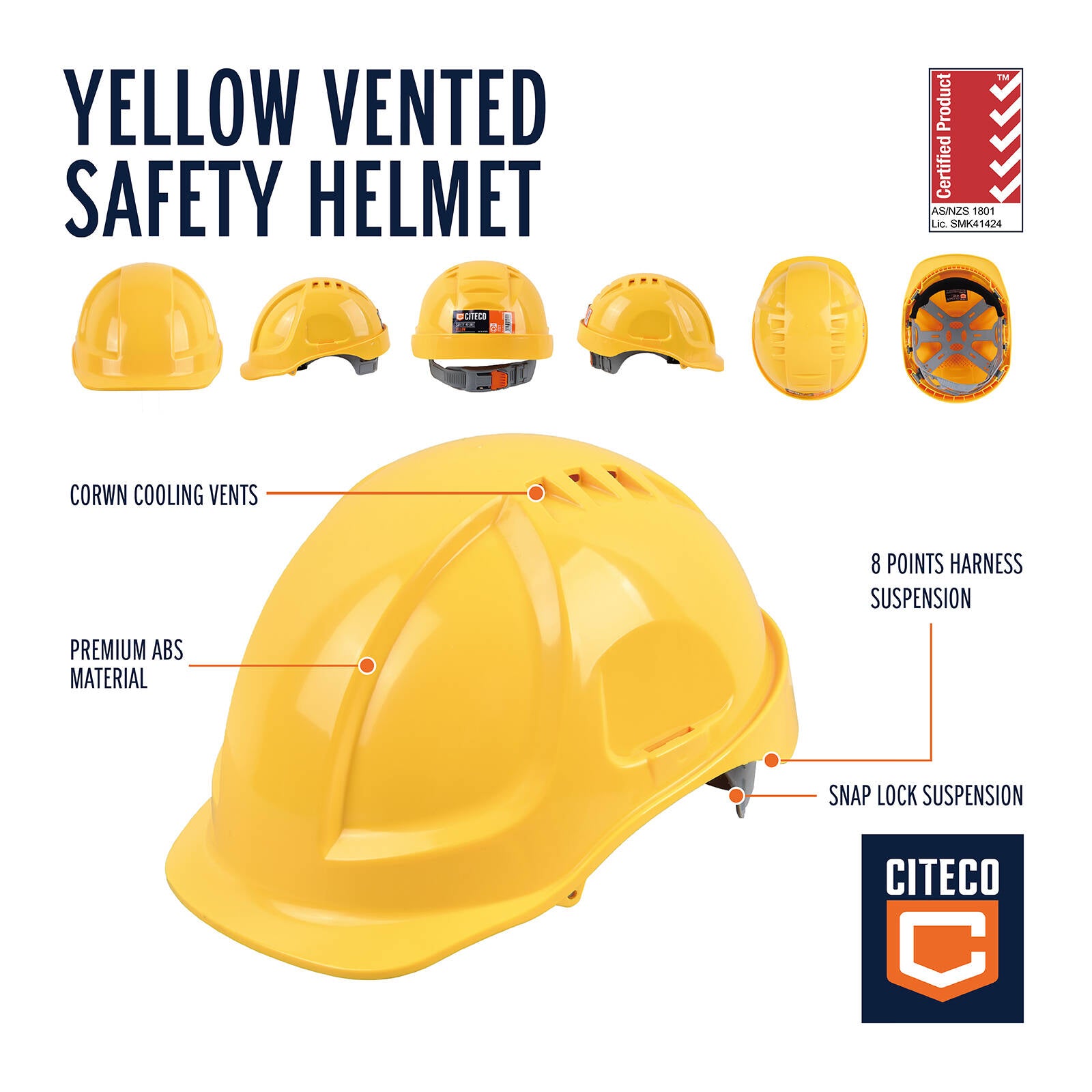 Citeco Yellow Vented Safety Helmet with Crown Cooling Vents