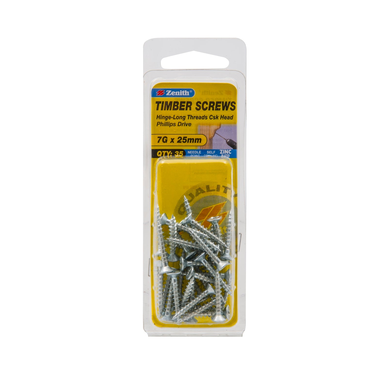 Zenith 7G x 25mm Zinc Plated Countersunk Hinge-Long Thread Timber Screws - 35 Pack