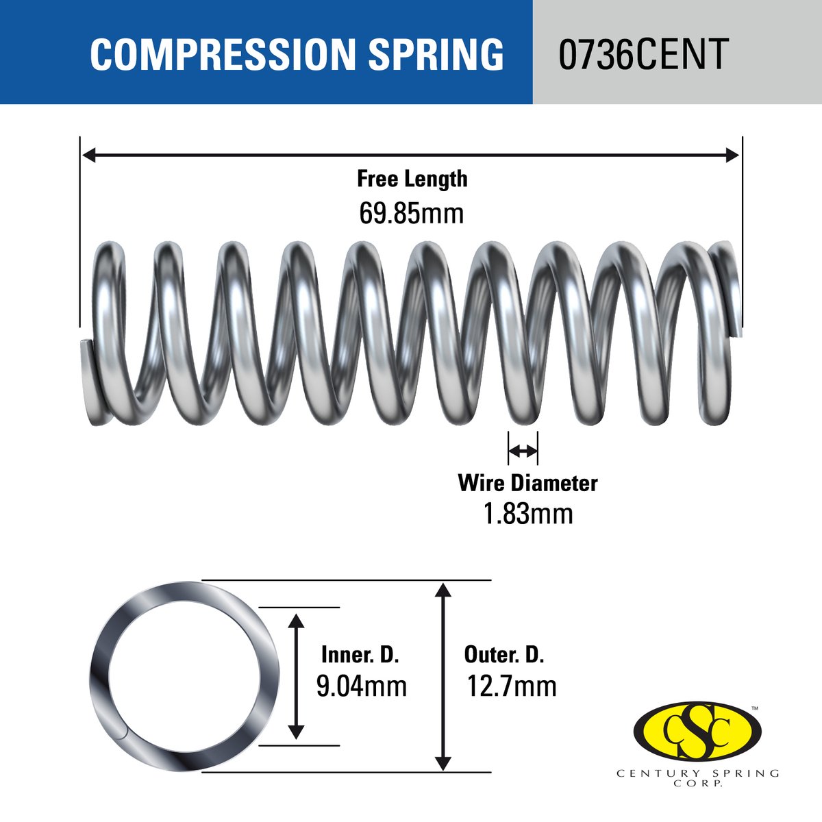 Century Spring Corp Steel Compression Spring 13 x 69.9 x 1.8mm - 2 Pack