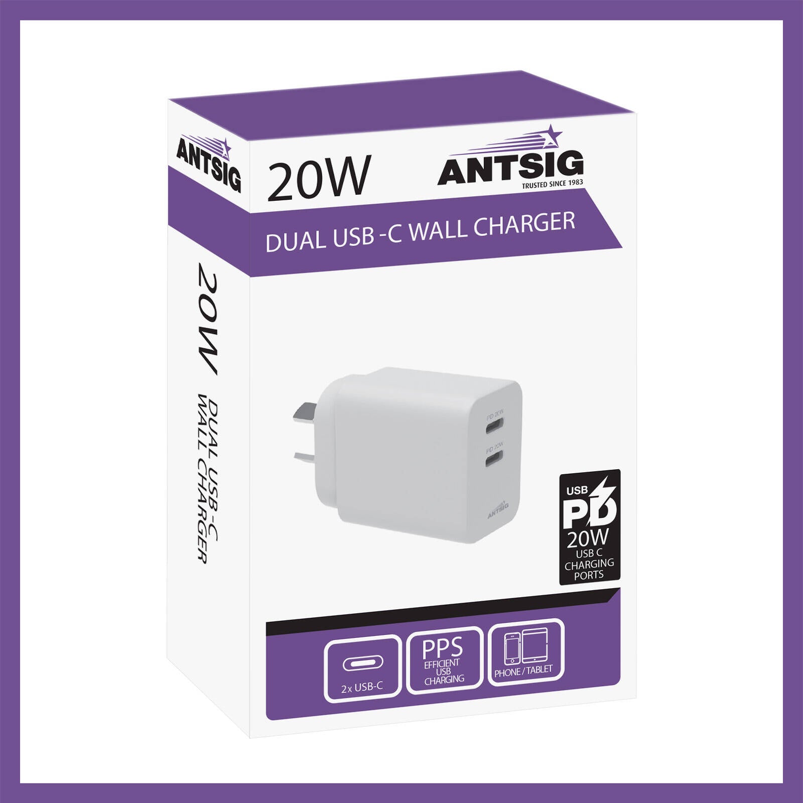 Antsig 20W Dual USB-C Wall Charger - Power Delivery Fast Charge APWC20WC