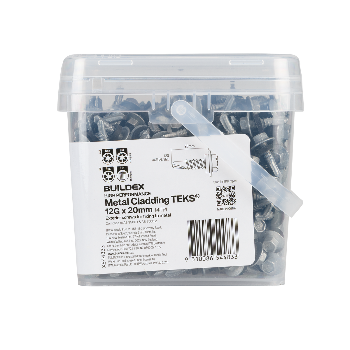 Buildex 12G x 20mm Class 4 Metal Cladding TEKS Screws with Seal - 500 Pack