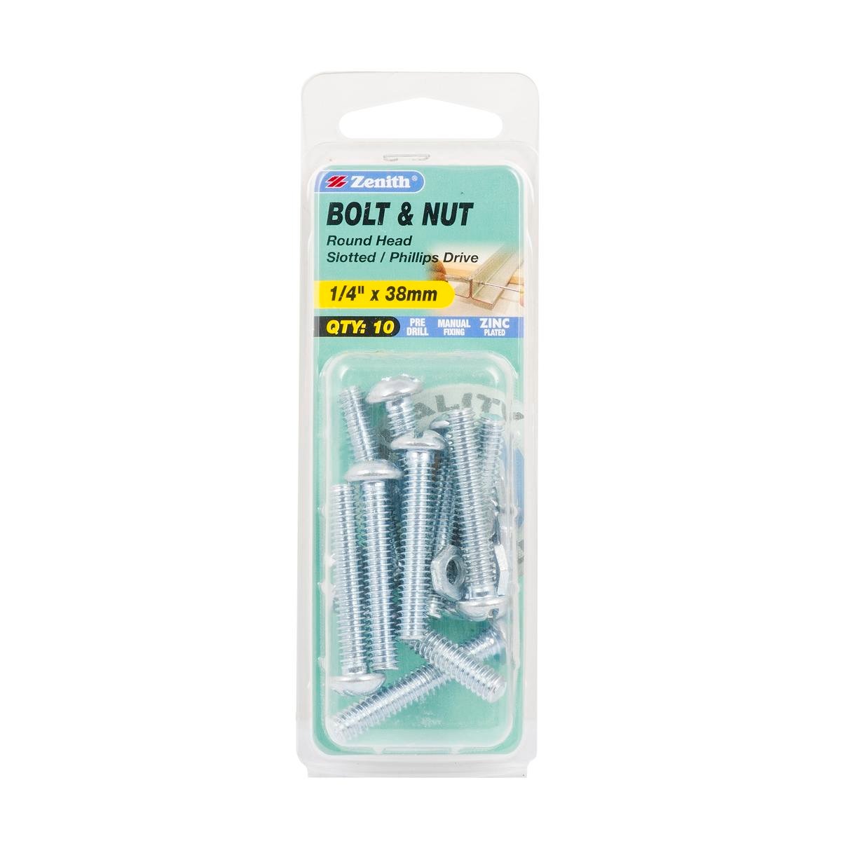 Zenith 1/4" x 38mm Zinc Plated Round Head Bolt and Nut - 10 Pack