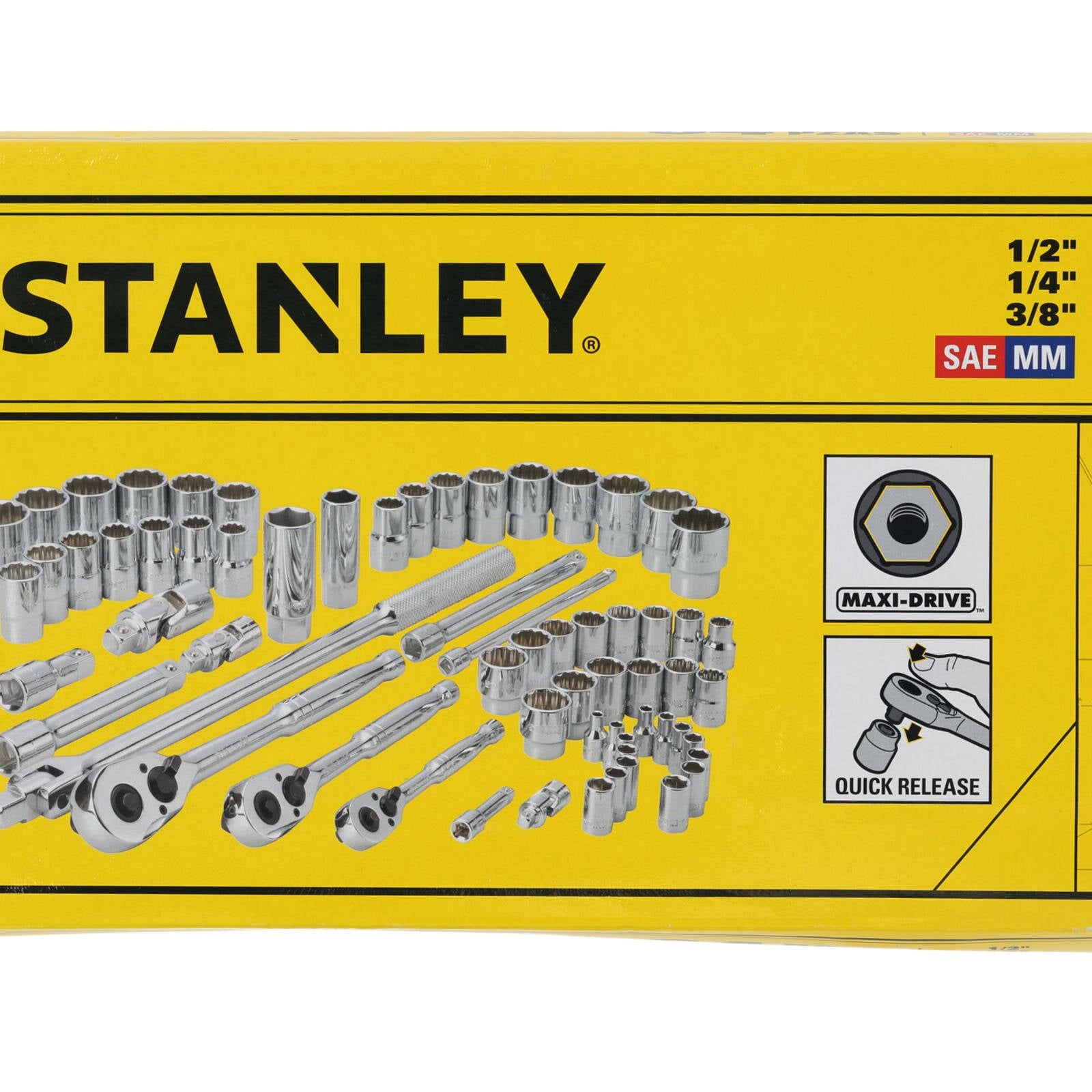 Stanley 64 Piece 1/4", 3/8" & 1/2" Drive Socket Set, Chrome Vanadium, 72-Tooth Ratchet, Case