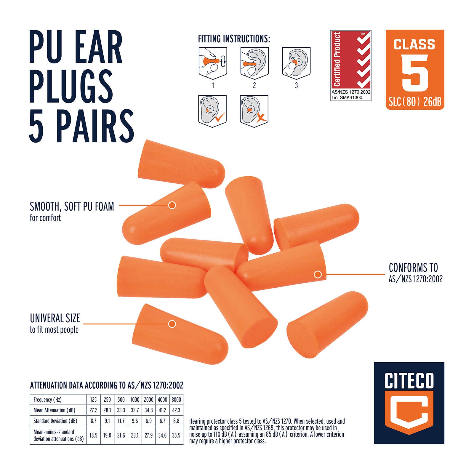 Citeco Class 5 PU Foam Ear Plugs 5 Pairs Uncorded