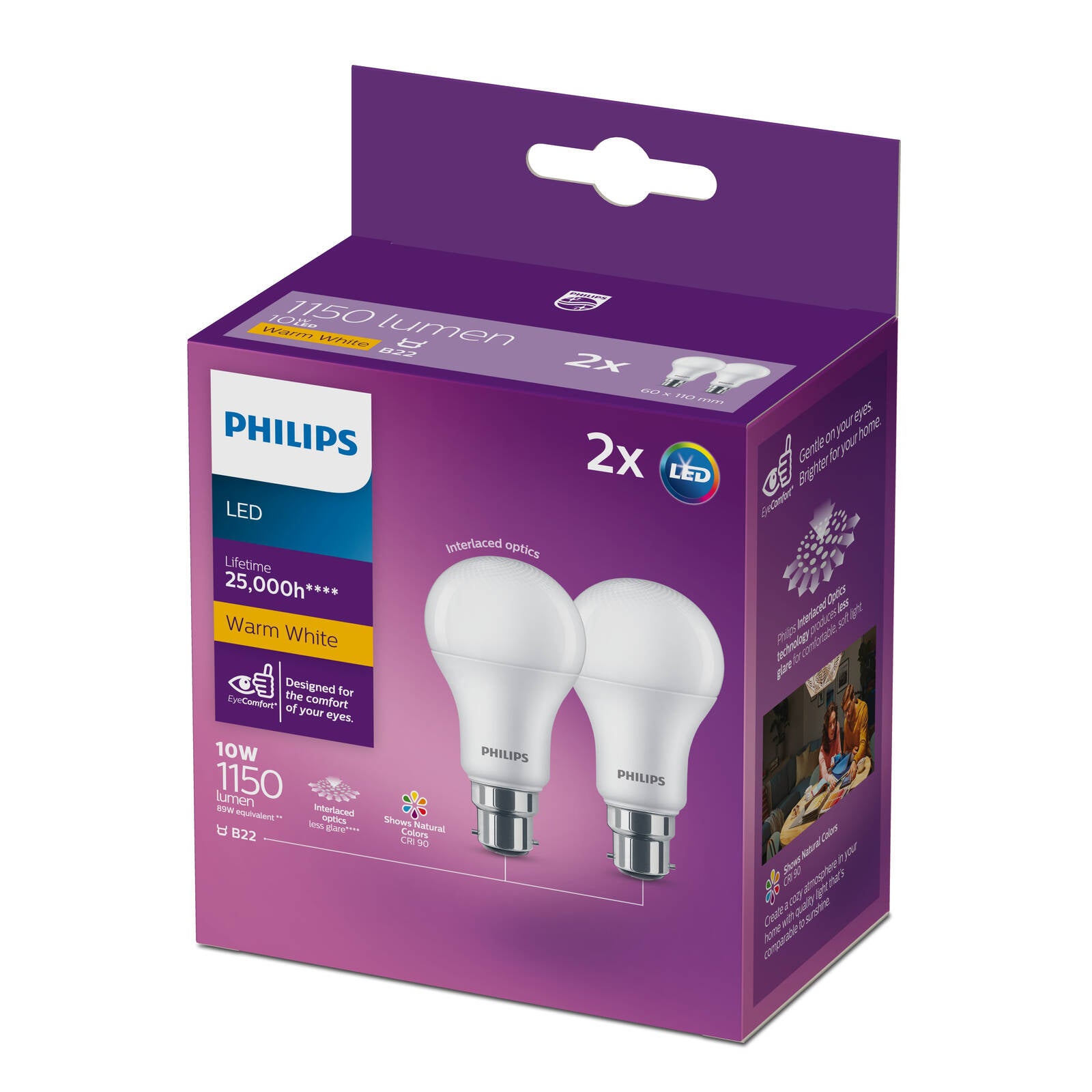 Philips A60 B22 LED Globe 1150lm Warm White 10W - 2 Pack