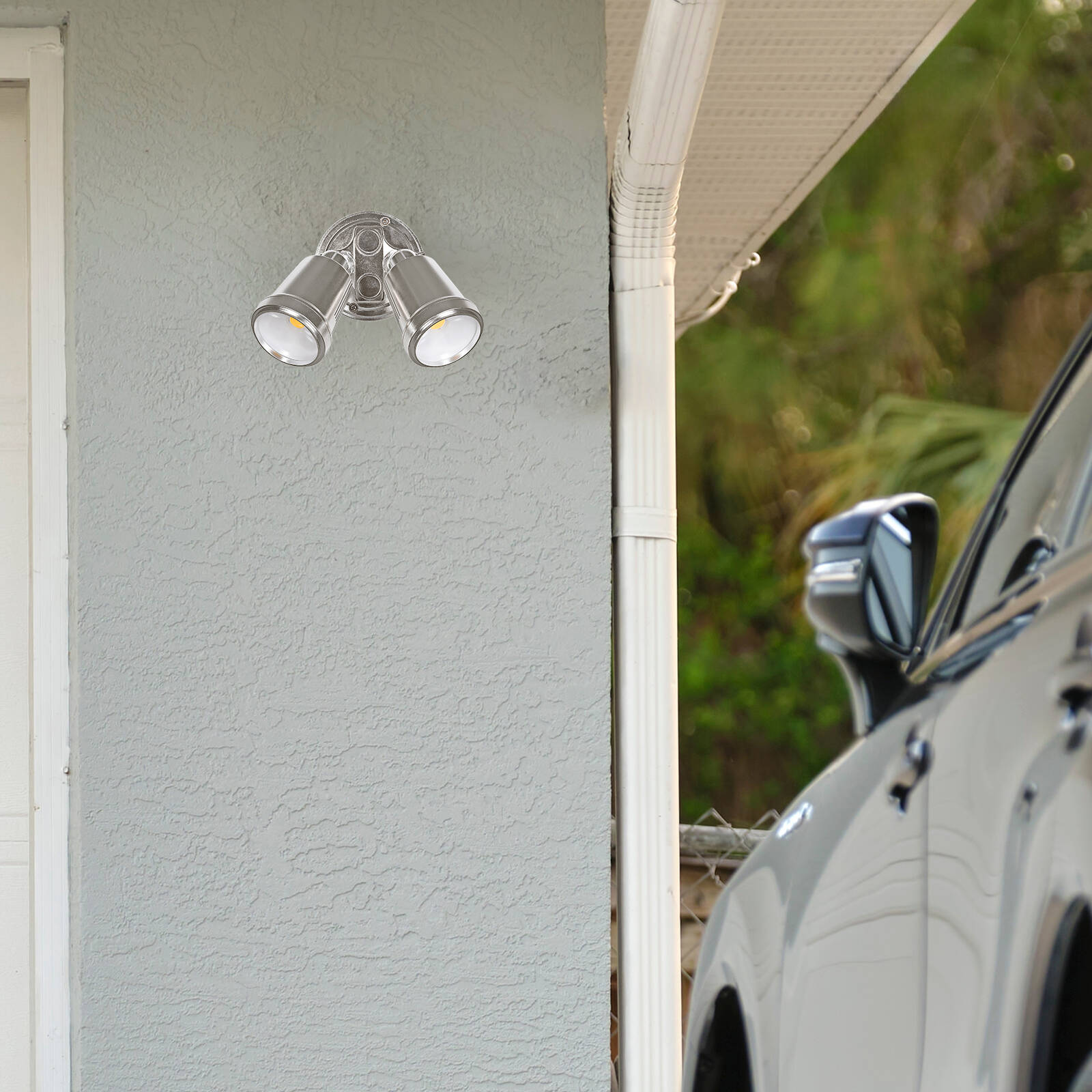 Brilliant Raptor III Twin 20W Outdoor Flood Light Satin Nickel, Adjustable Heads, Weather Resistant 22601/13
