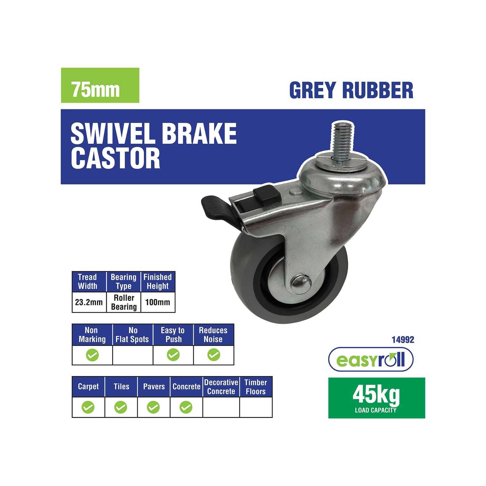 Easyroll 75mm Grey Rubber Swivel Castor with Brake, 45kg Load