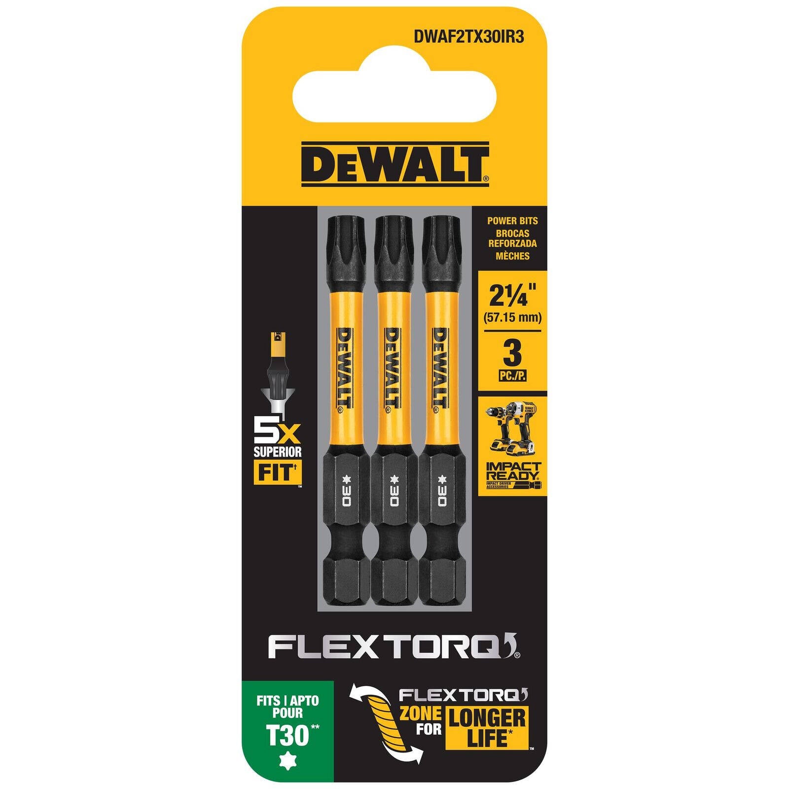 DeWALT FLEXTORQ 57mm TX30 Impact Screwdriver Bit 3 Pack DWAF2TX30IR3