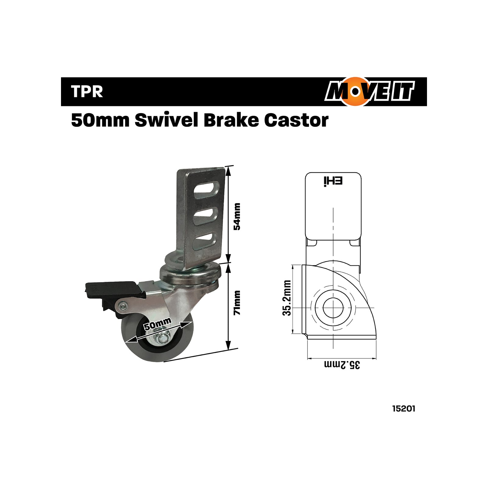 Move It 50mm Grey TPR Swivel Brake Angle Plate Castor, 40kg, 2 Pack