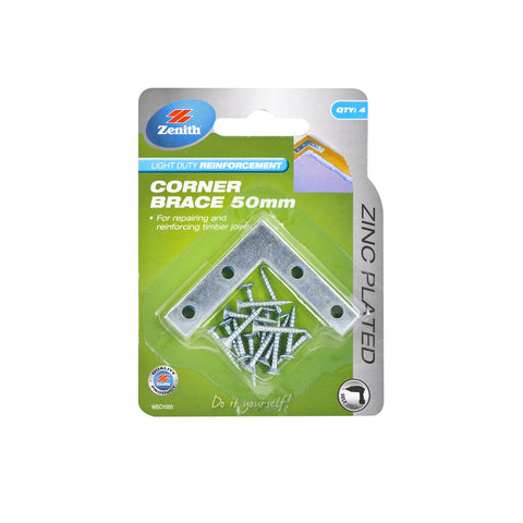 Zenith 50mm Zinc Plated Steel Corner Brace Bracket - 4 Pack