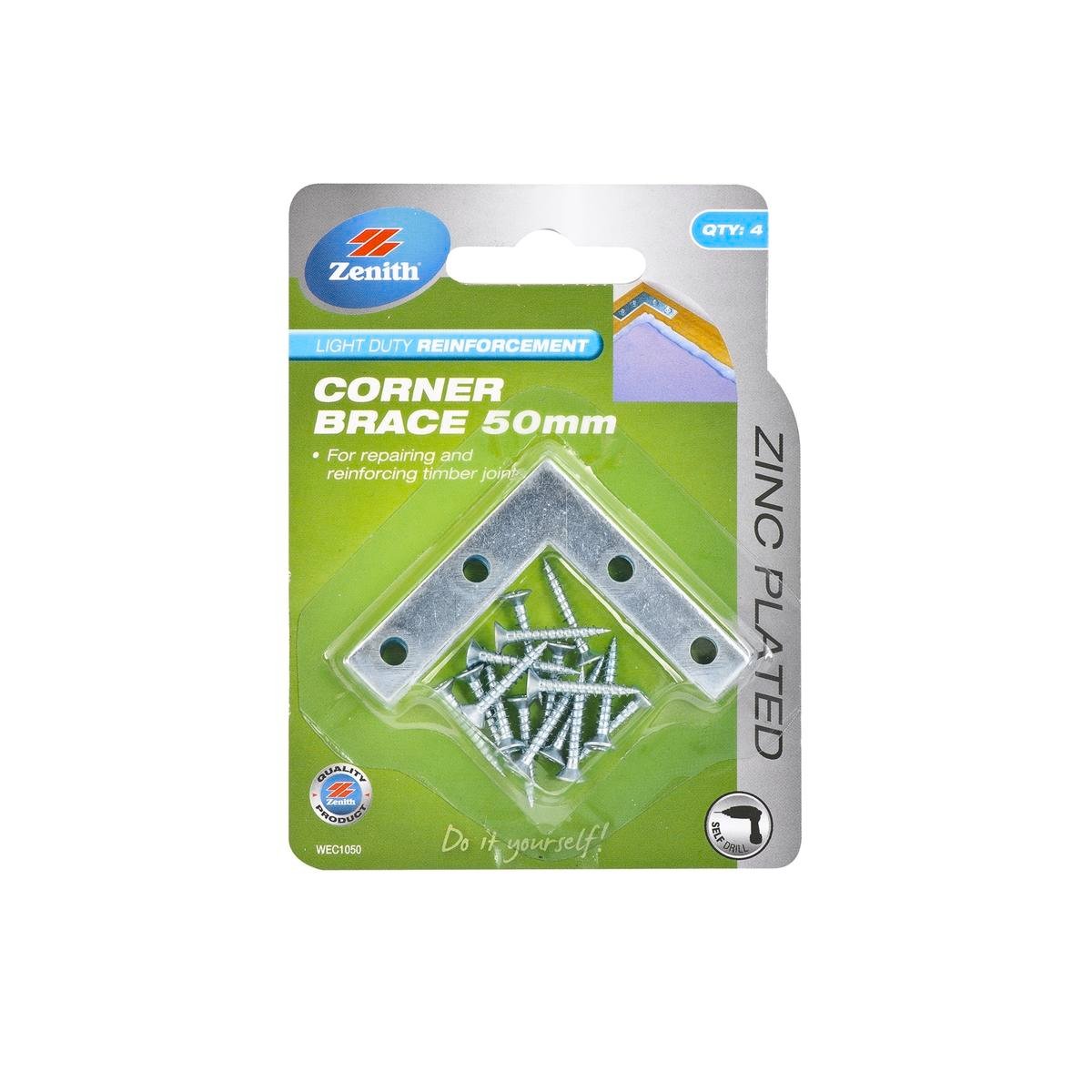 Zenith 50mm Zinc Plated Steel Corner Brace Bracket - 4 Pack