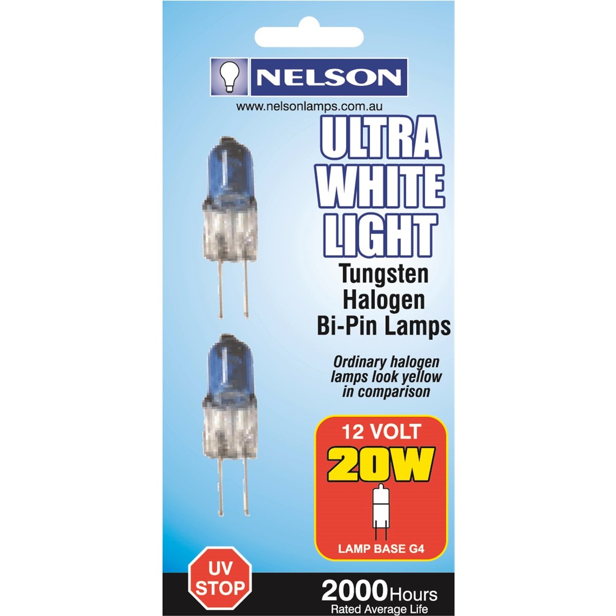 Nelson Ultra White Halogen G4 Bi Pin Lamps - 20 Watt - Twin Pack - 3500K - SuperSaverAU - view 1