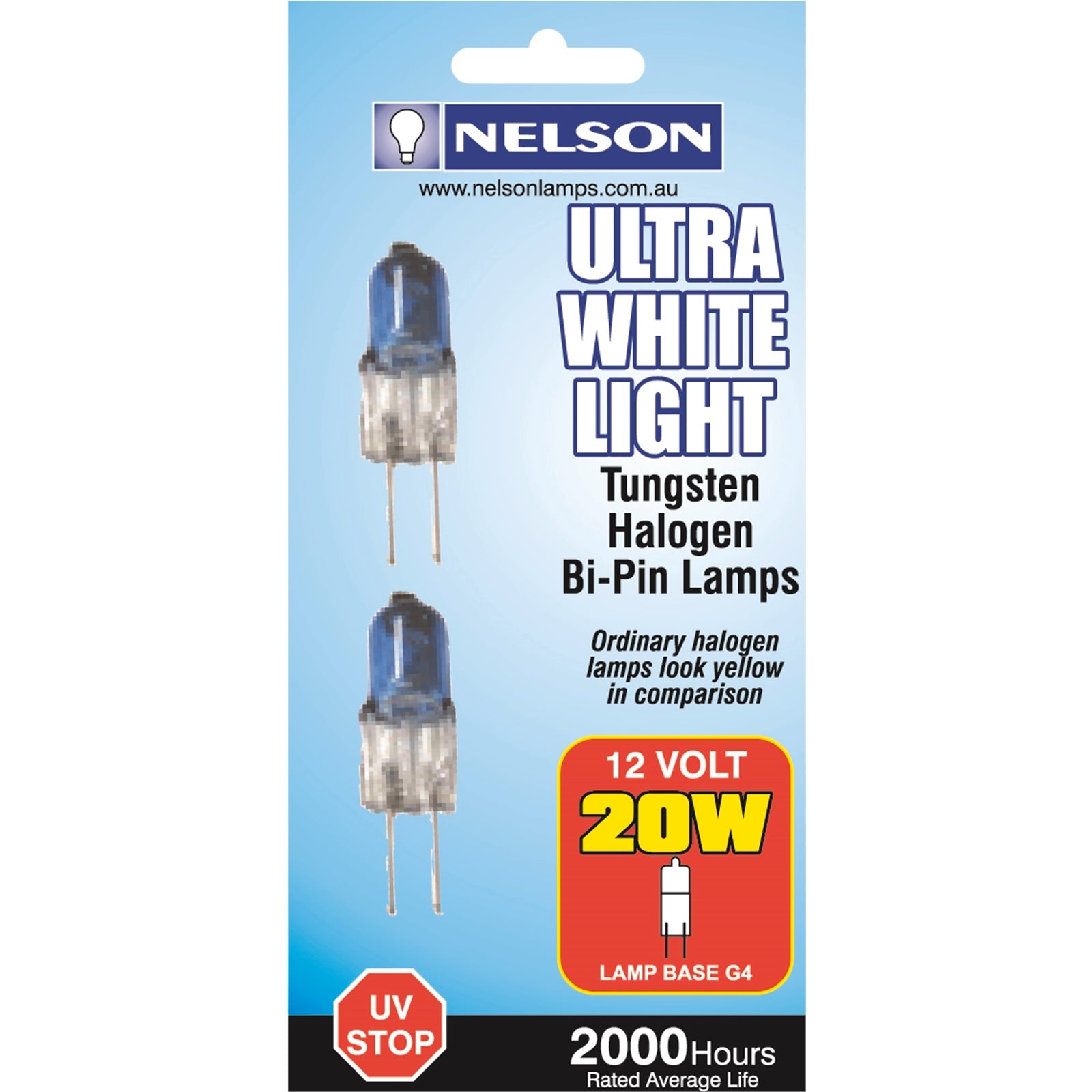 Nelson Ultra White 20W G4 Bi-Pin Low Voltage Halogen Lamp - Twin Pack MJC2035