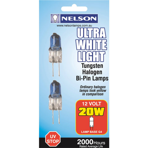 Nelson Ultra White 20W G4 Bi-Pin Low Voltage Halogen Lamp - Twin Pack MJC2035