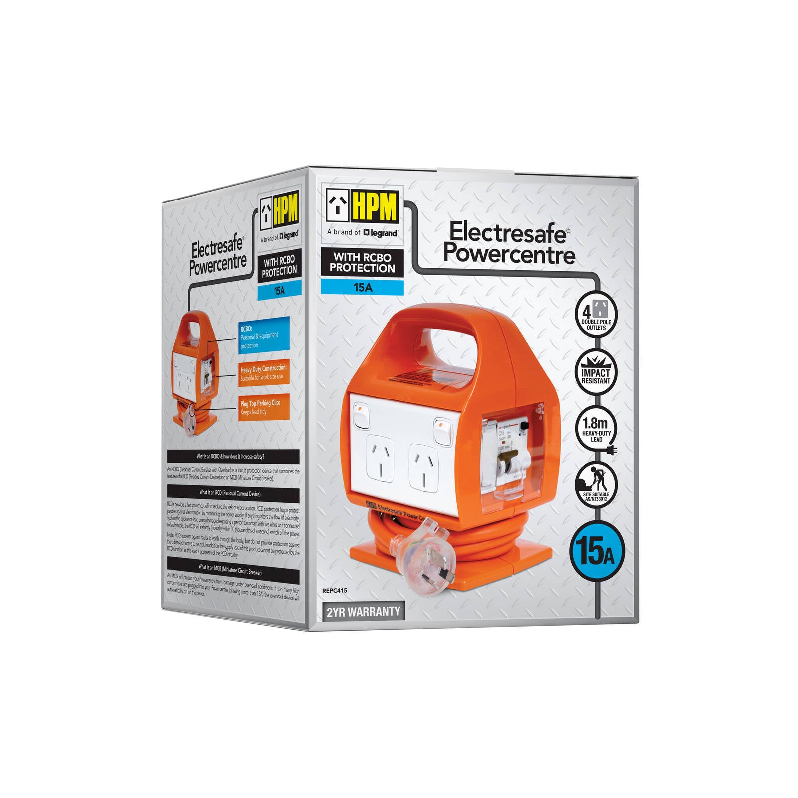 HPM Electresafe 15A Power Centre with RCD Safety Switch, Orange