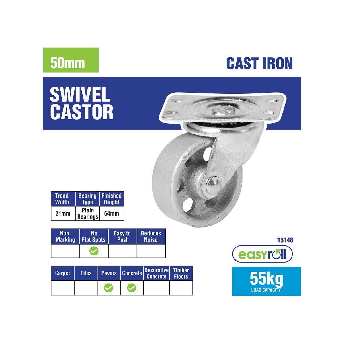 Easyroll 50mm Silver Cast Iron Swivel Plate Castor, 55kg Load