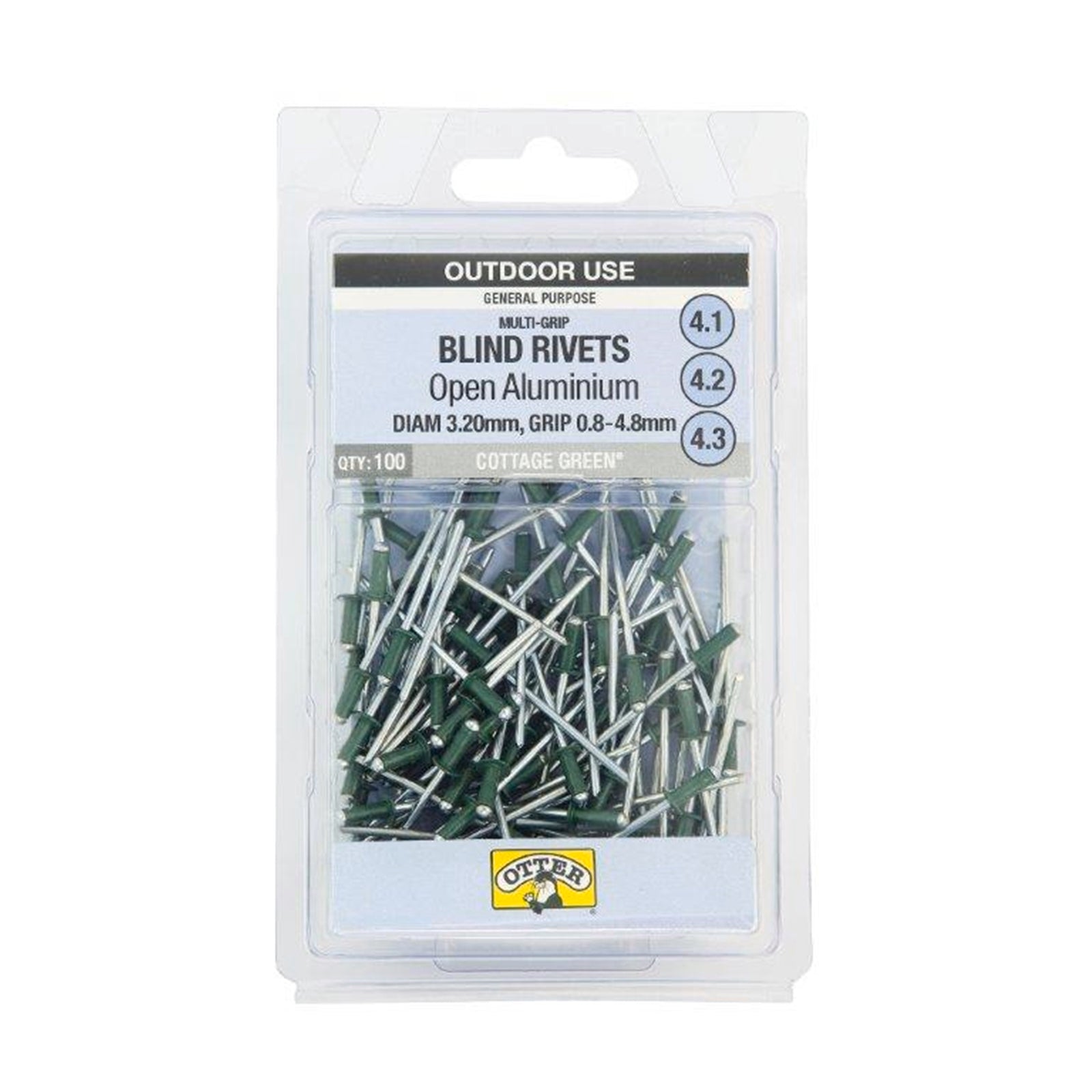Otter Cottage Green 3.2 x 0.8-4.8mm Multi-Grip Open Aluminium Blind Rivets 100 Pack
