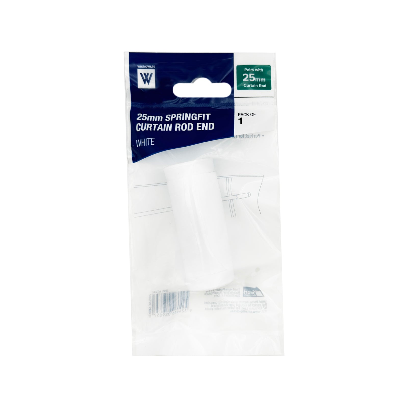 Windoware 25mm White Spring Fit Curtain Rod End, Screw-Free, 1 Pack