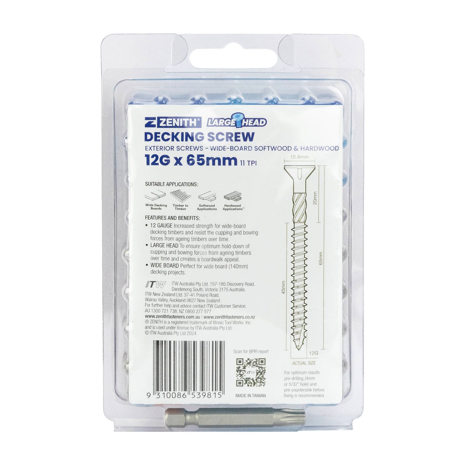 Zenith Large Head Decking Screw T25 12G x 65mm SS304 Stainless, 50 Pack
