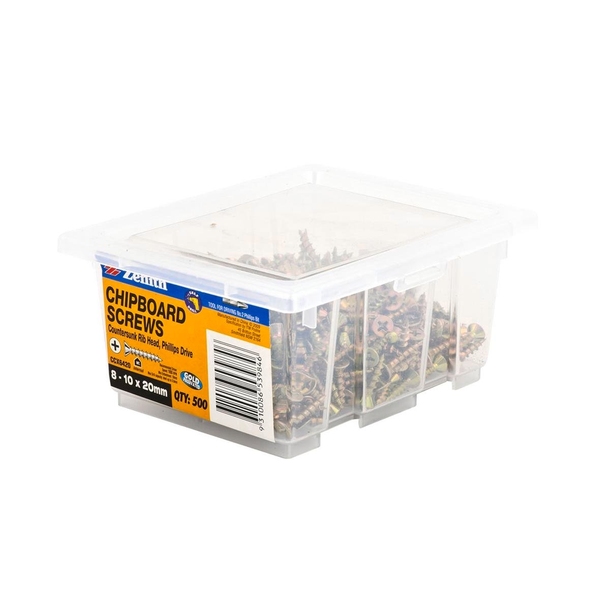 Zenith 8-10 x 20mm Gold Passivated Countersunk Rib Head Chipboard Screws - 500 Pack