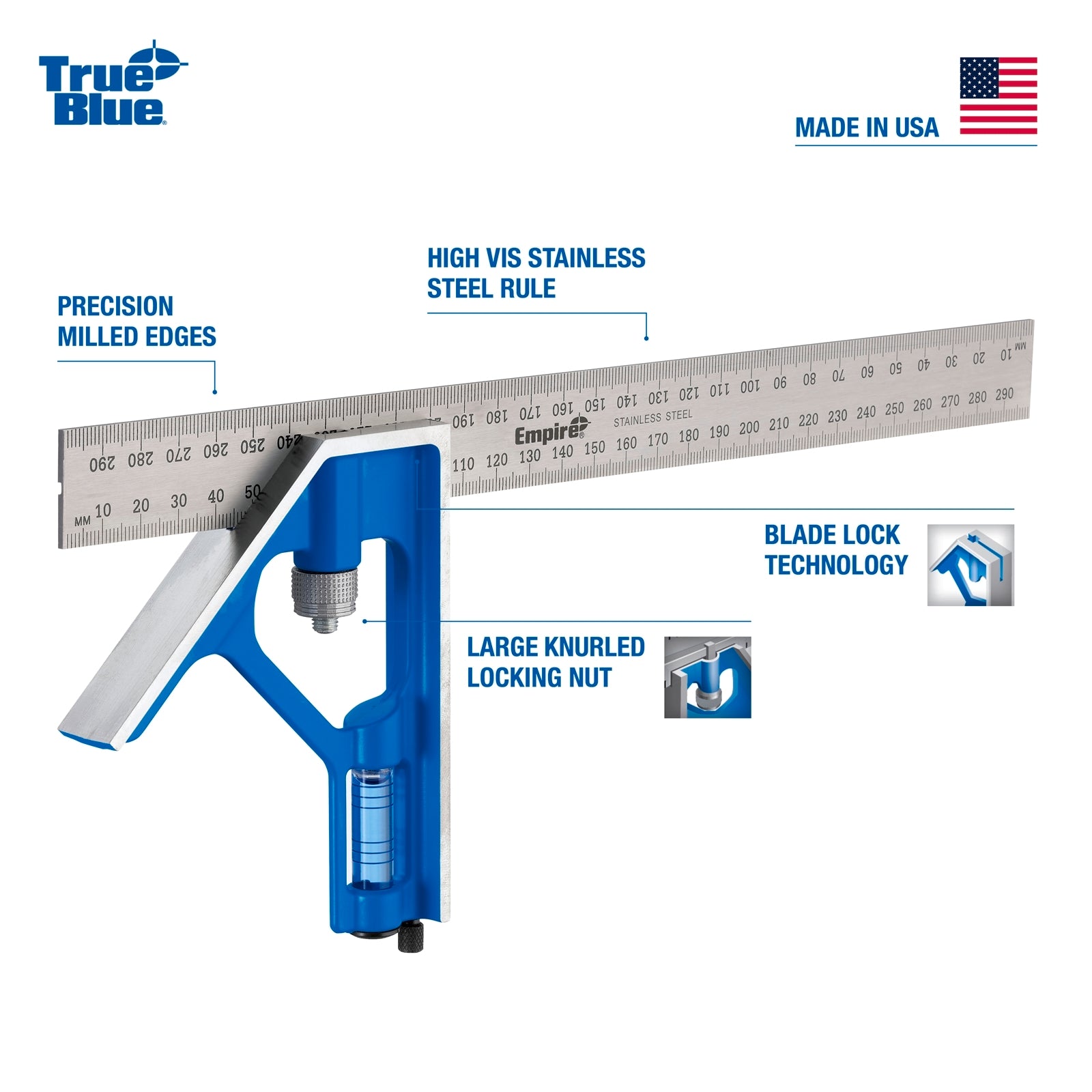 Empire 300mm True Blue Combination Square, Stainless Steel, Metric, Silver