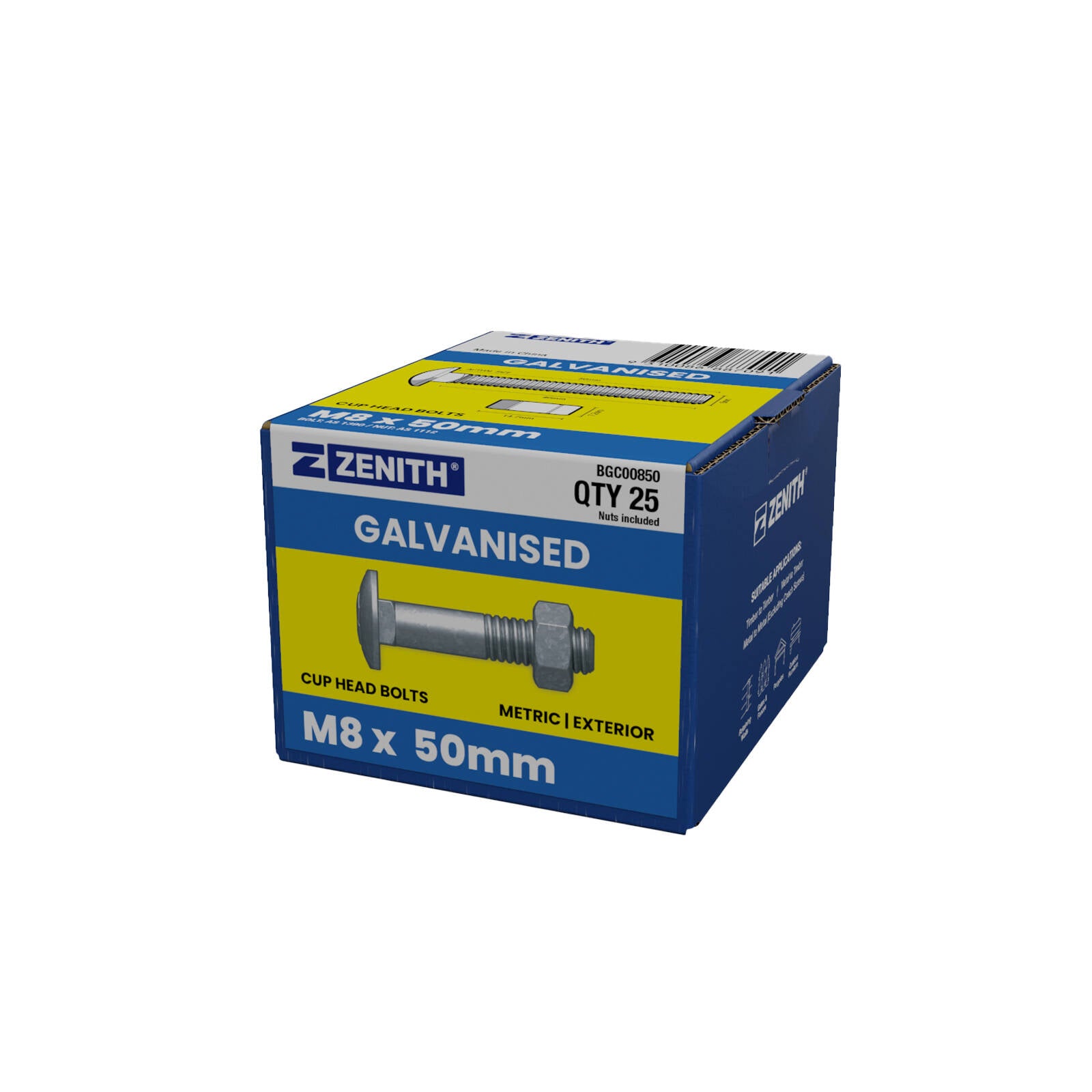 ZENITH M8 x 50mm Hot Dip Galvanised 4.6 Grade Cup Head Bolts and Nuts - 25 Pack