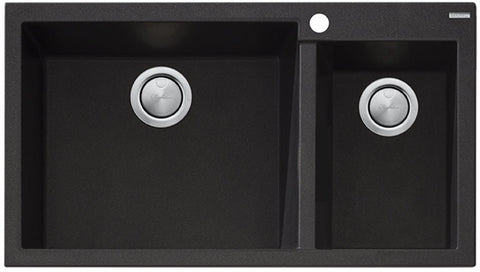 Oliveri Santorini 1 and 1/2 Bowl Black Granite Sink - Topmount, Italian Made, Waste Basket Cover - ST-BL1575