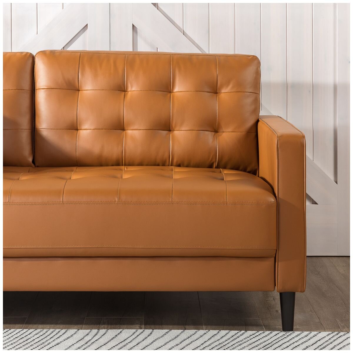 Zinus Benton 3 seater faux leather sofa - cognac, grid tufted, tapered wooden legs - AU-USSBTF-3CL